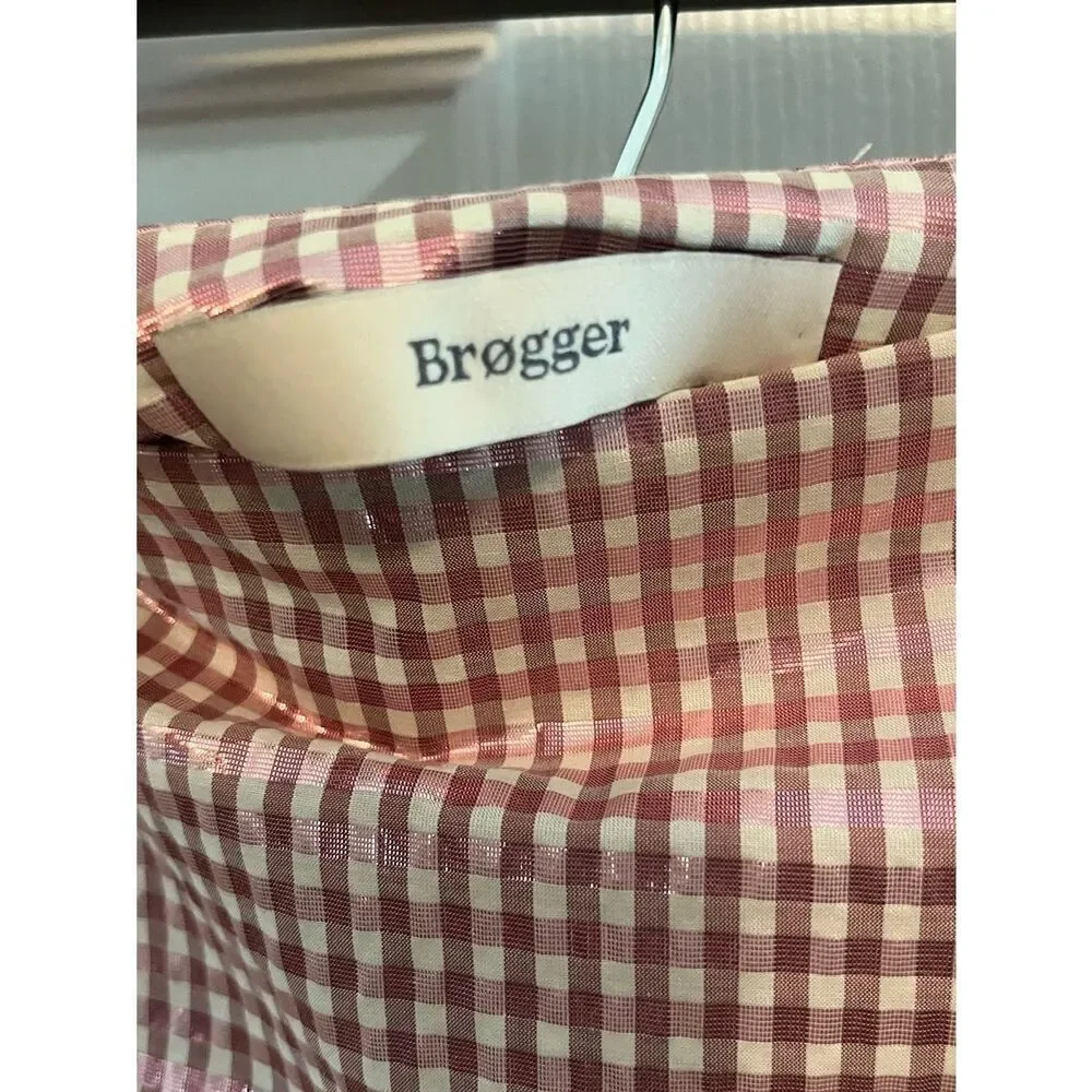 Brøgger Metallic Gingham Midi Skirt Designer Hem Pink M